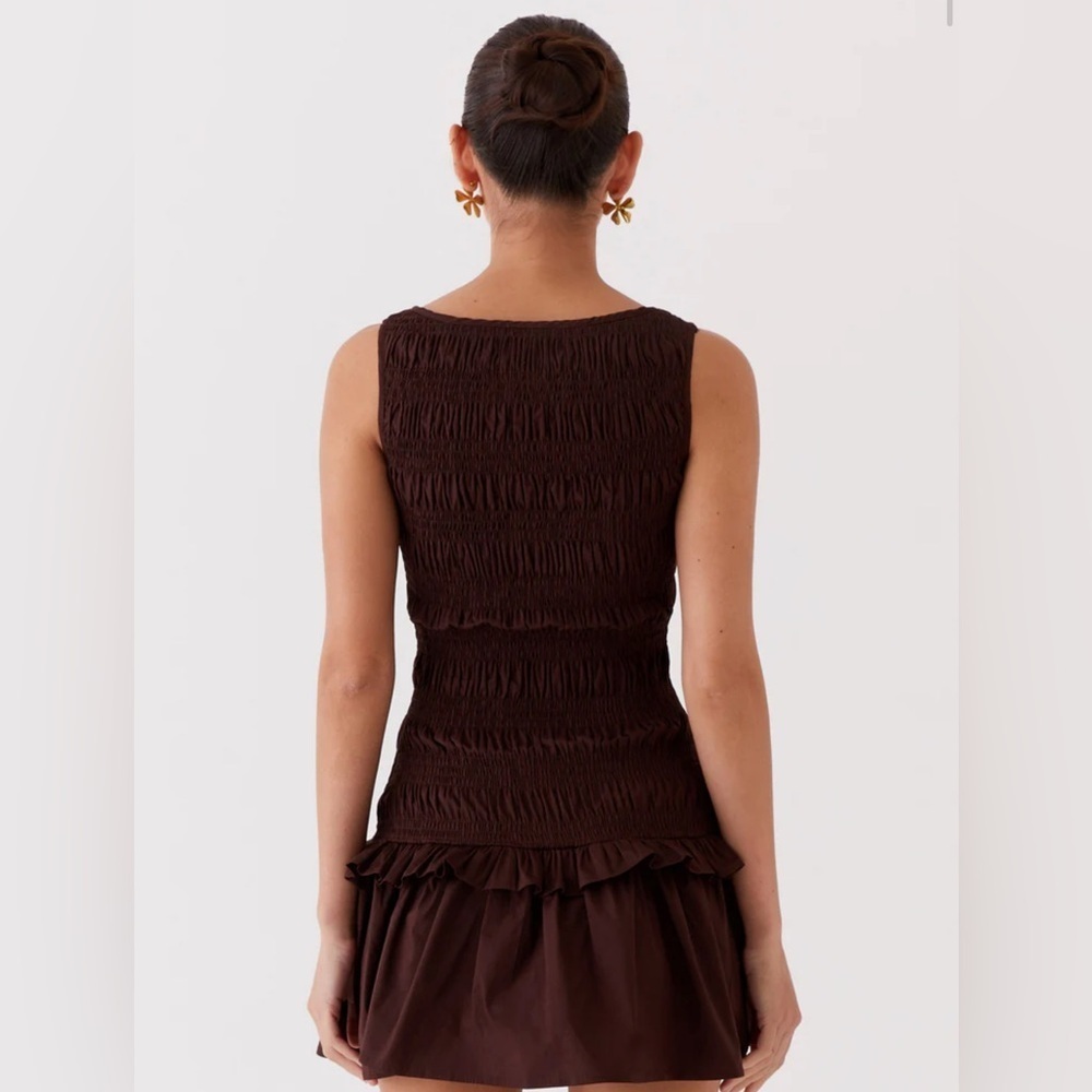 NWT Peppermayo Exclusive - Garden Kisses Shirred Mini Dress - Chocolate, Size 6 - Picture 5 of 15